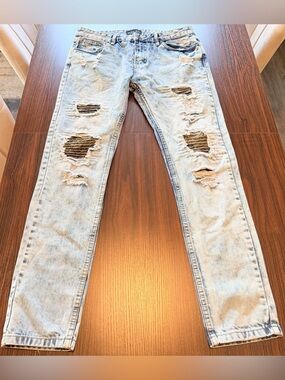 Urban Heritage Mens Skinny Acid Wash Distressed Biker Moto Jeans Ripped Size 34
